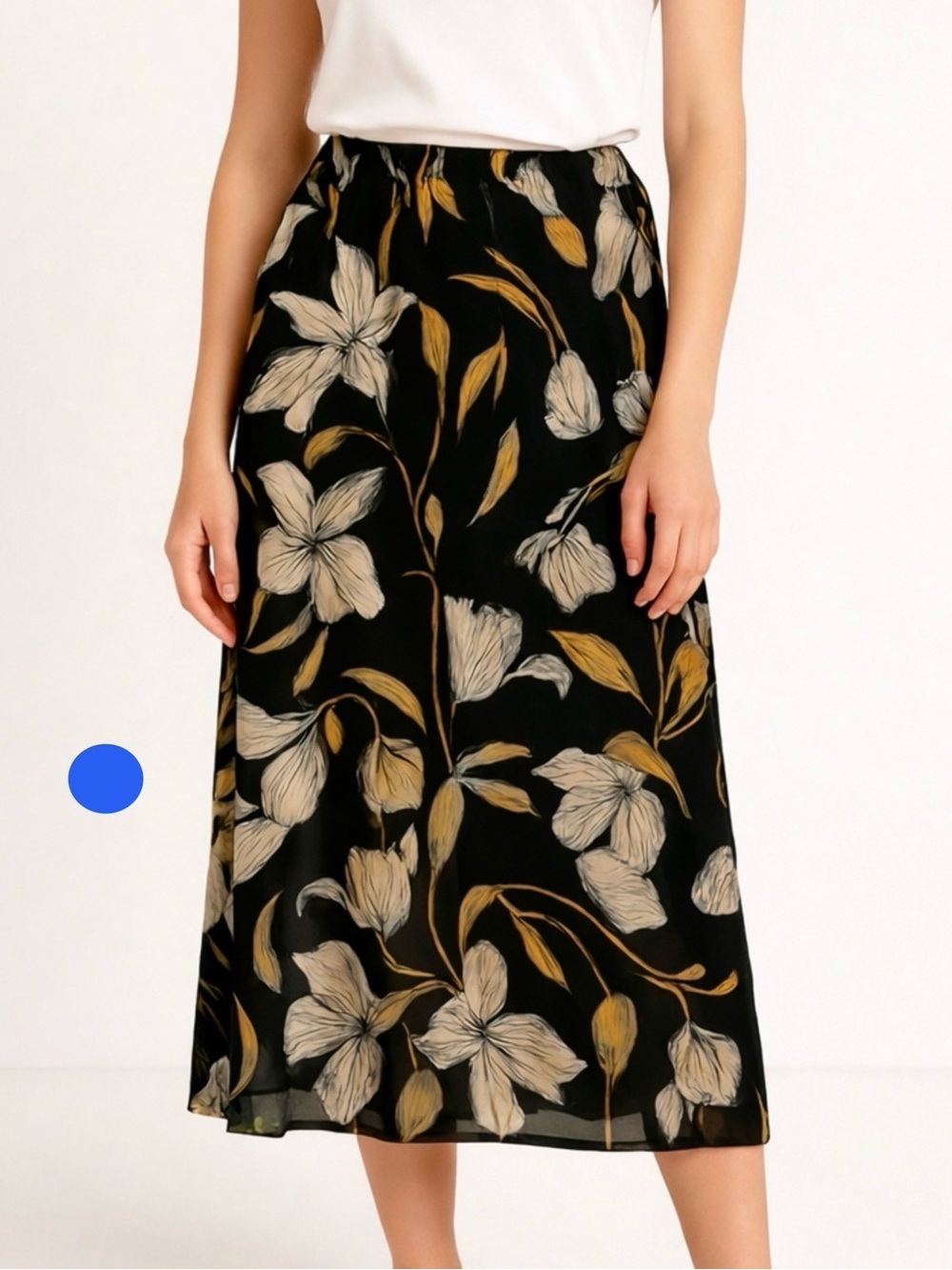 Black Floral Midi Skirt with Cream and Gold Botanical Print